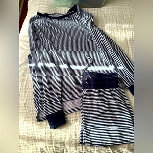 Women’s pijama short set. Long sleeve shirt and shorts bottom.